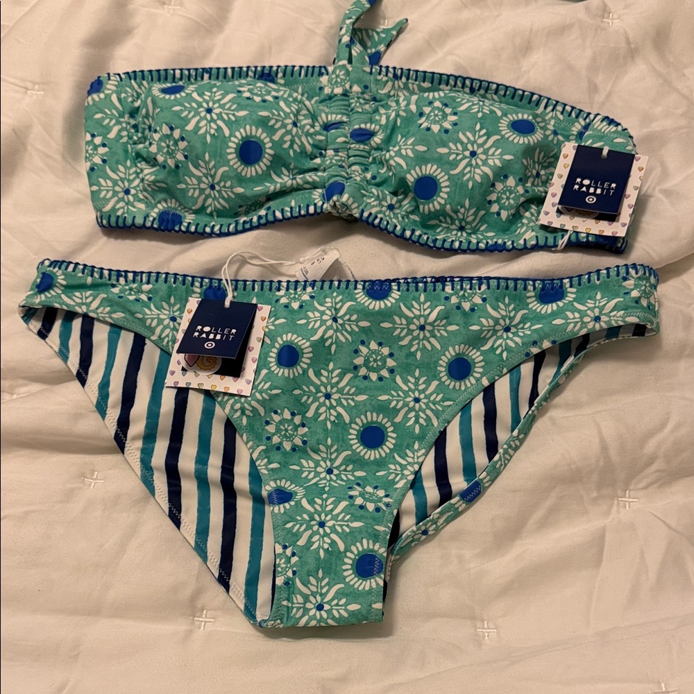 Roller Rabbit Green & Blue Floral Bandeau Set with Navy Trim read size